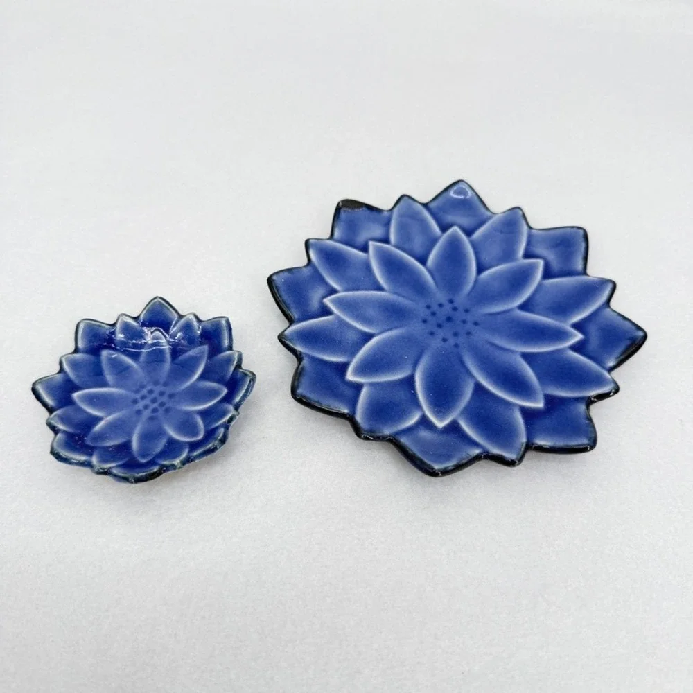 Pier 1 Ceramic Lotus Flower Trinket Dish Set Cobalt Blue Floral Decor 2 Pc Small